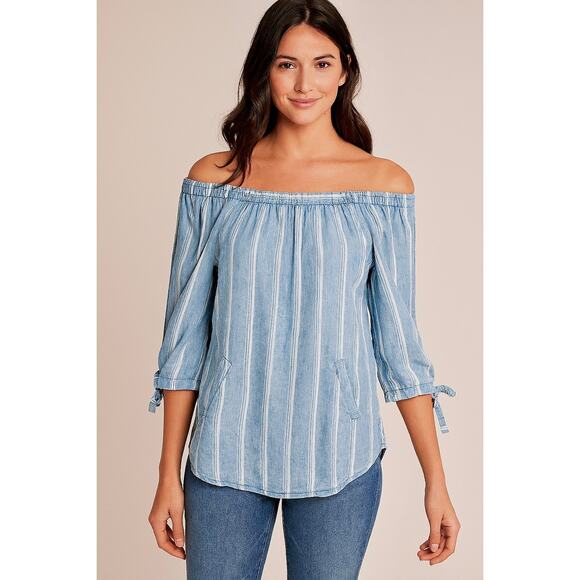 Billy T Blue & White Stripe Linen Off Shoulder 3/4 Tie-Sleeve Back Button Top XS - Picture 1 of 13